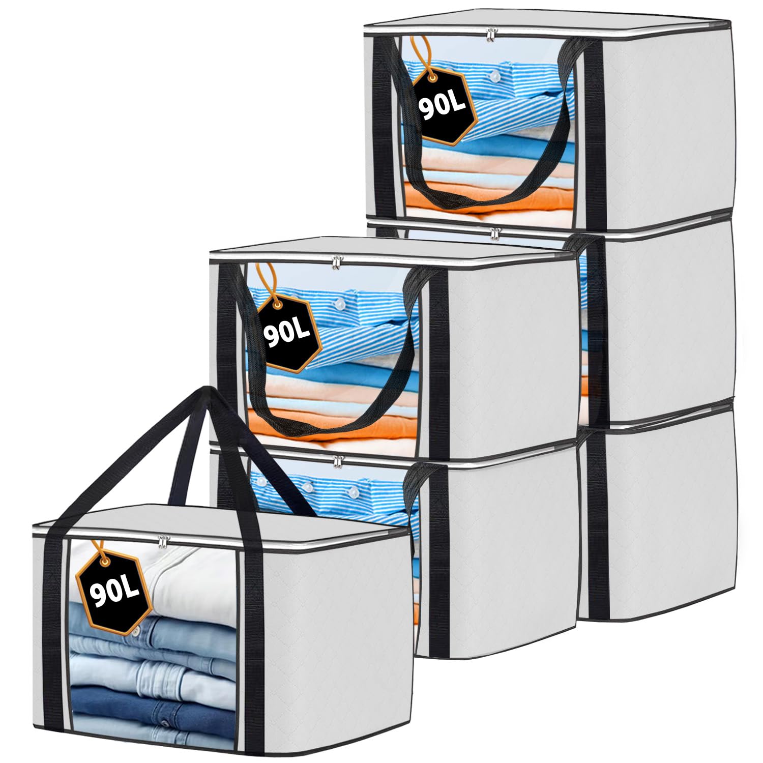 KURNI Storage Bags Clothes Organizer Foldable 6 Pack White, 90L Capacity, 3 Sided Zipper Storage Bag. Dust/Mites & Moisture Proof 60 x 43 x 35cm