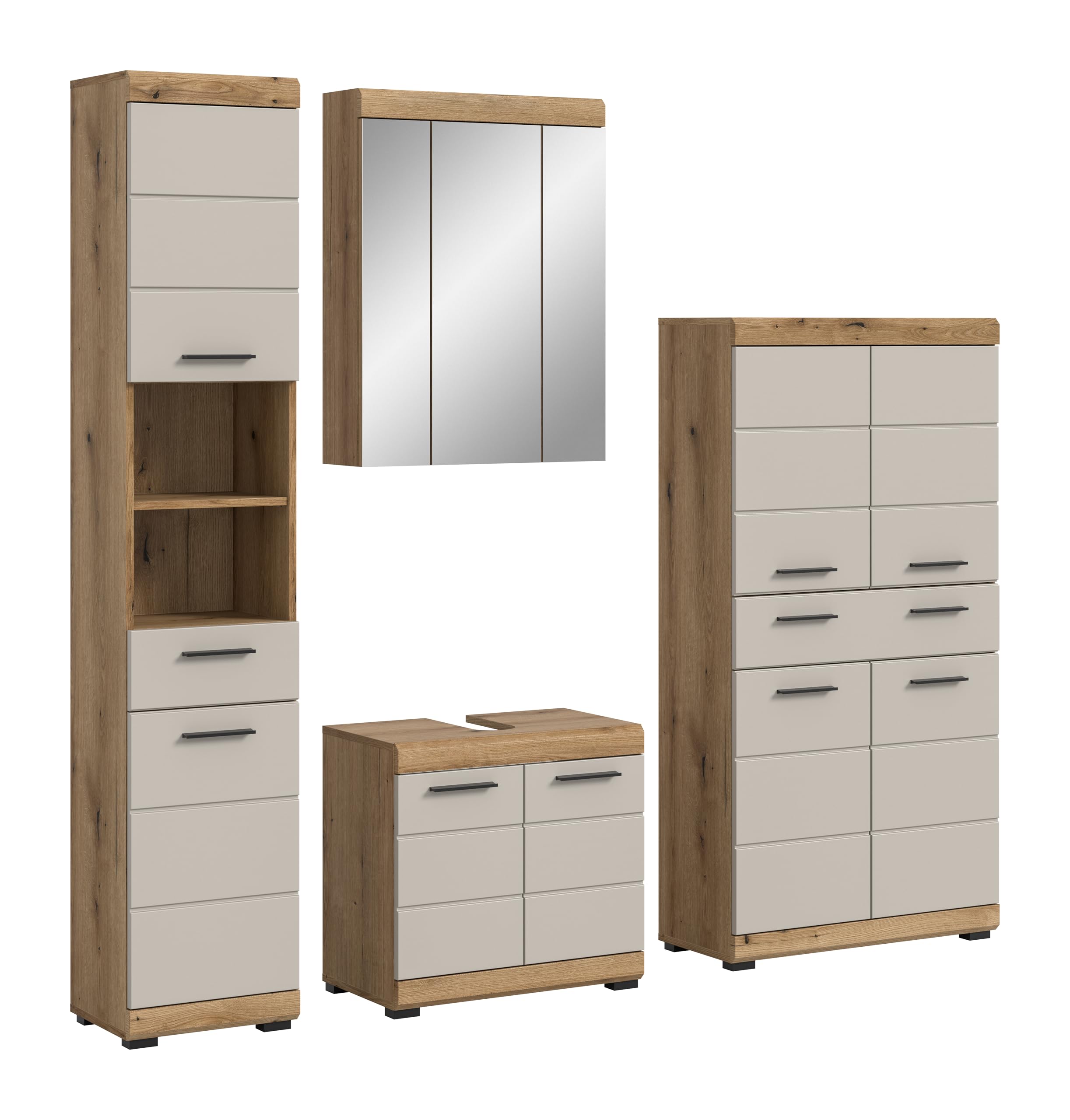 xonox.home – Badkombination Scout 201x191x34 cm in Evoak Oak und Kaschmir Nachbildung matt – Geräumiges Badmöbel-Set mit eleganter Farbgebung – edel