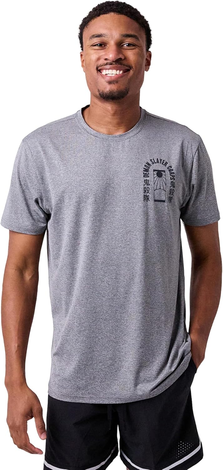 Demon Slayer Tanjiro Earring & Fox Mask Men's Athletic Heather Crew Neck Short Sleeve Performance Tee Demon Slayer Tanjiro Earring Medium