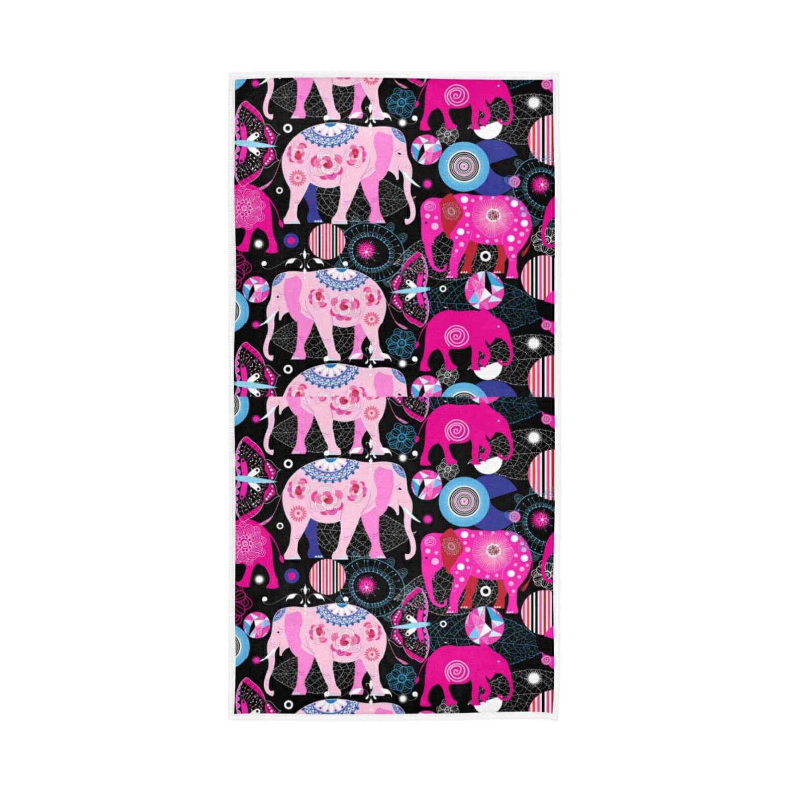 HUYGD Seamless Bright Pink Elephants Tribal Ethnic Theme on Black Soft Hand Bath Towel 30" x 15" Thin Fast Drying Absorbent Soft Towels for Kitchen Gym Spa Hotel Beach