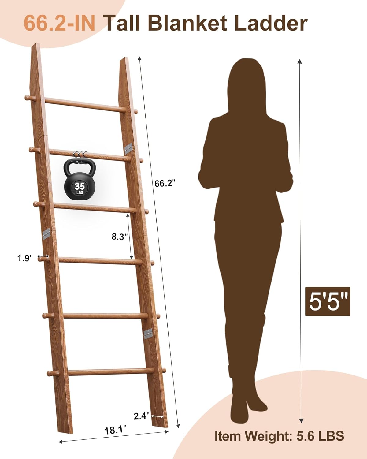 TEAKMAMA 6-Tier Blanket Ladder with Hanging Knobs,5.5 Ft Wall Leaning Blanket Ladders for Living Room Bedroom,Rustic Decorative Storage for Quilts,Throws,Easy to Assemble,Honey Brown