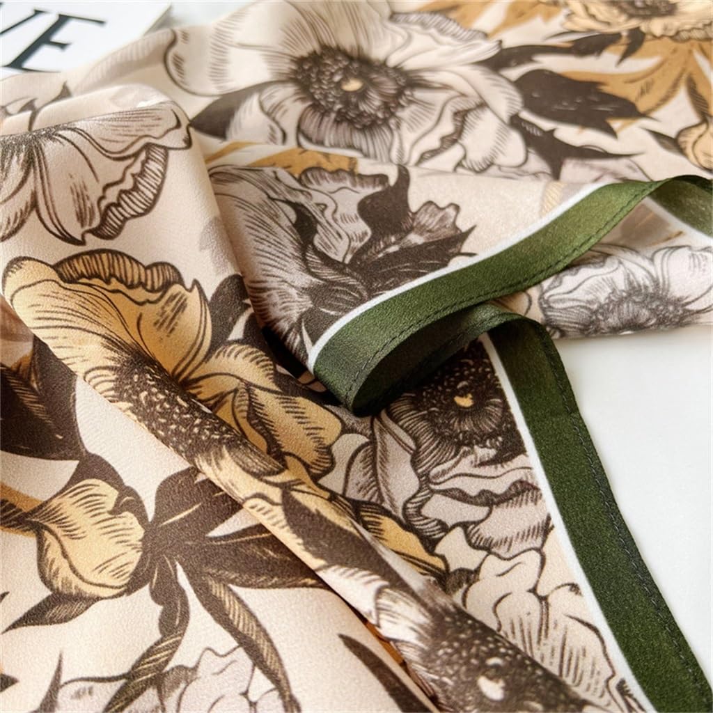 Soie Crêpe De Chine Floral Vert Foncé Bord Écharpes for Femmes Écharpes Longues Polyvalentes Petites Écharpes Longues