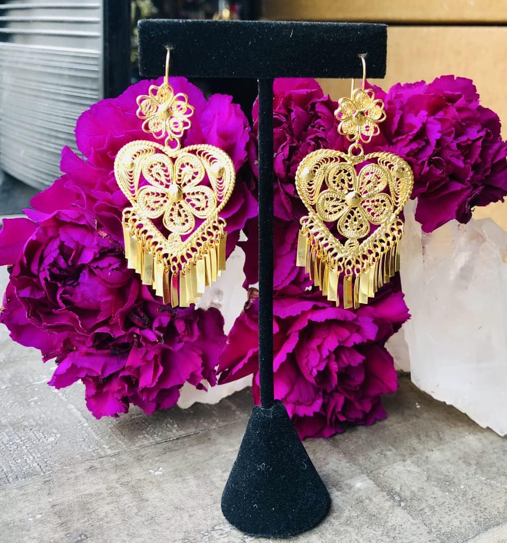 Folklorico Dance Traditional Mexican Gold Filigree Earrings, Heart Shape Earrings, Day of the Dead, Mexican Earrings, Heart Earrings