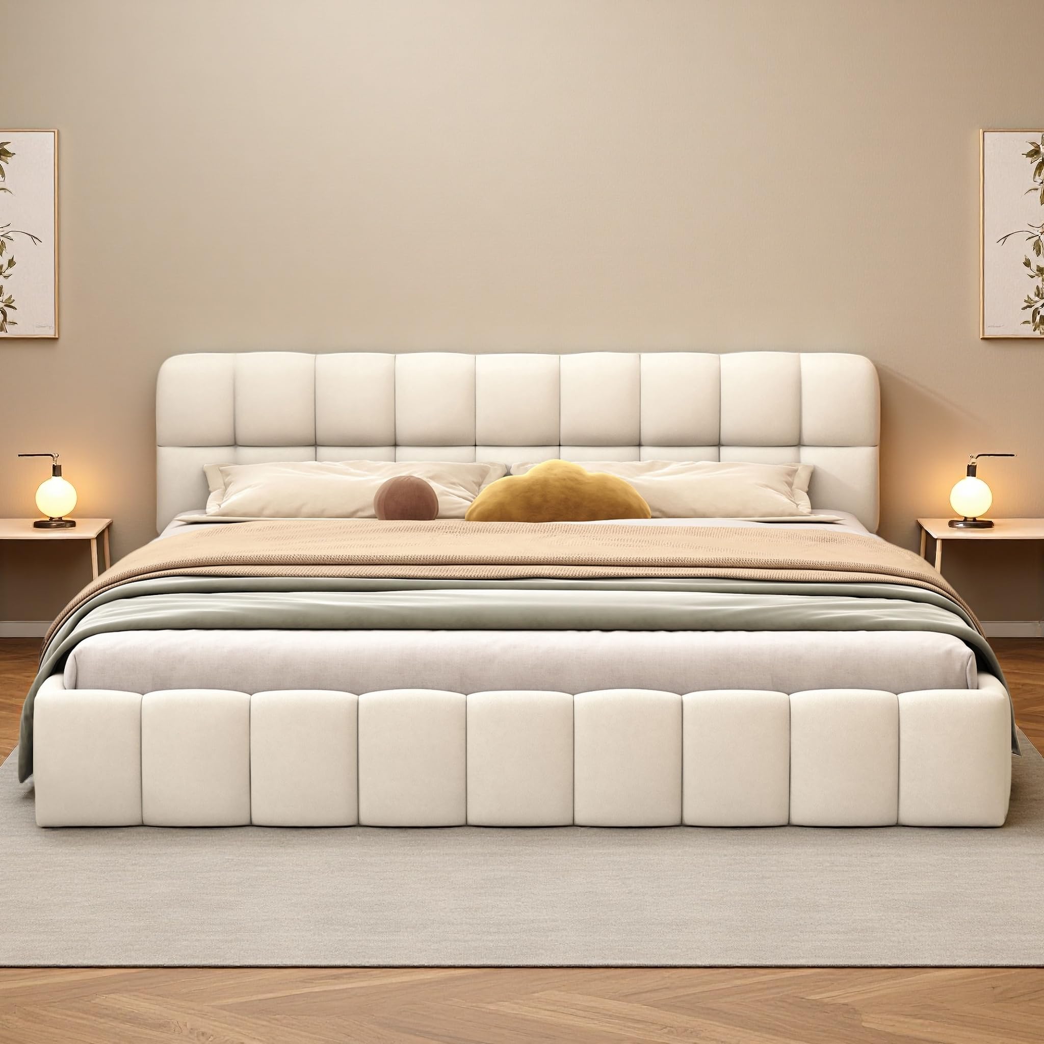 Lit Double Rembourré 160x200 Cm Avec Sommier à Lattes Et Dossier Moelleux - Sans Matelas, Couleur Beige, Charge Max 250 Kg