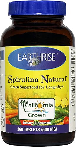 Earthrise  Spirulina - Tableta natural de 500 mg 360 unidades espirulina natural de primera calidad de California vegana sin gluten apta para dieta