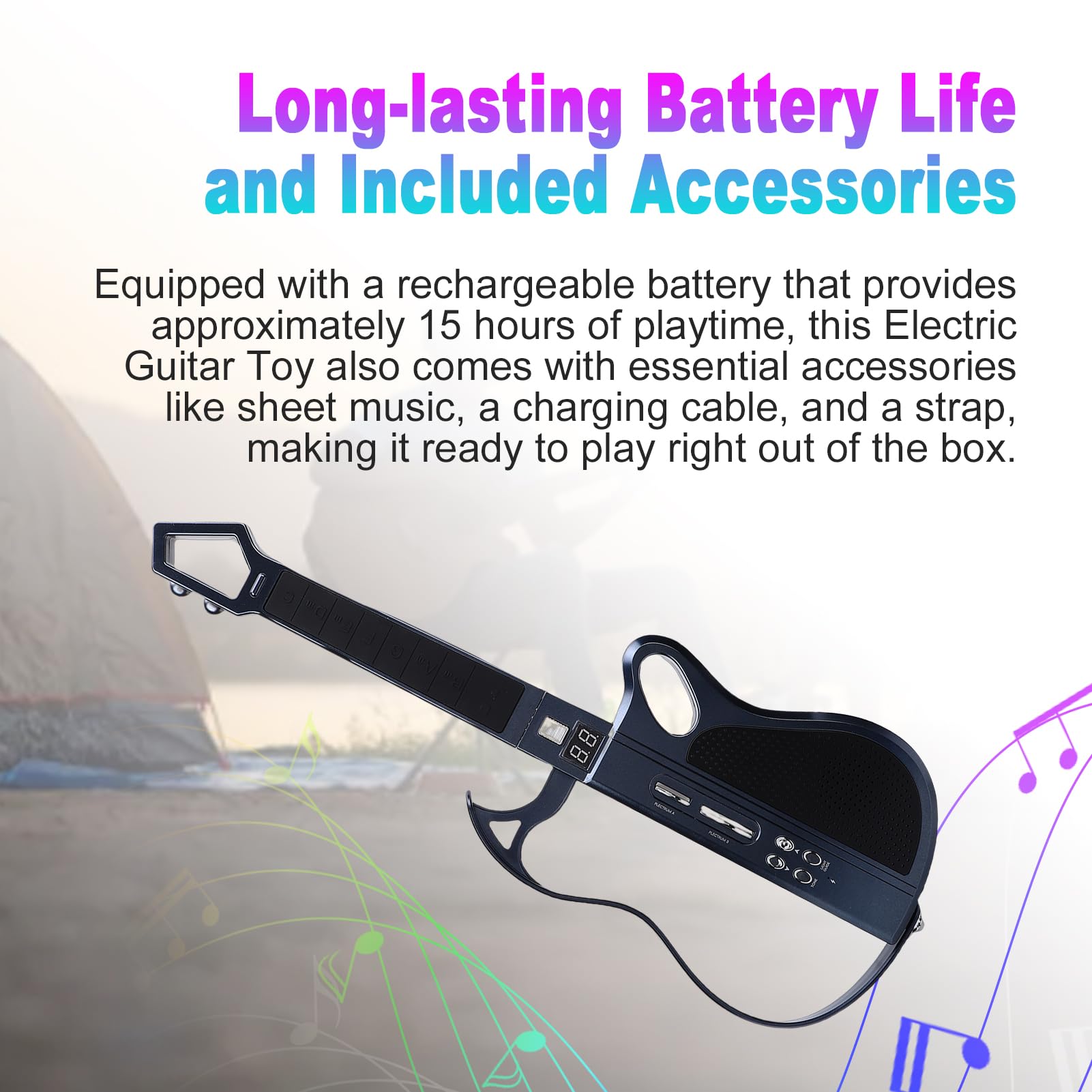 Tissting Guitarra Eléctrica Plegable Sin Cuerdas con Luz LED Y 7 Sonidos - Guitarra Juguete Musical Recargable con Ritmos Y Correa para Niños Y Familias (Negro)