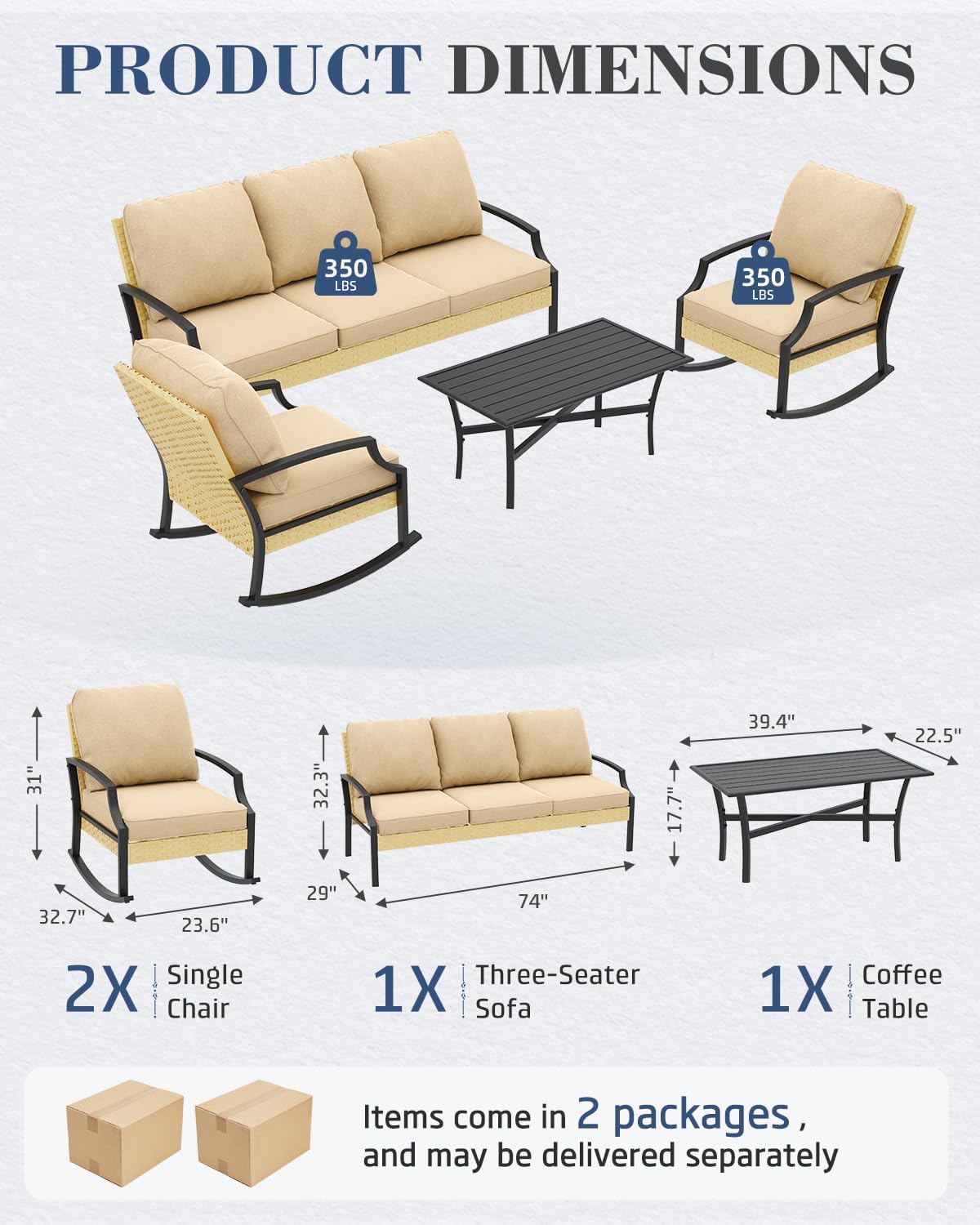 AECOJOY 4 Piece Patio Furniture Set, Outdoor Wicker Furniture with Rocking Chair and Coffee Table, Modern Rattan Conversation Set for Porch, Garden, Lawn, Beige