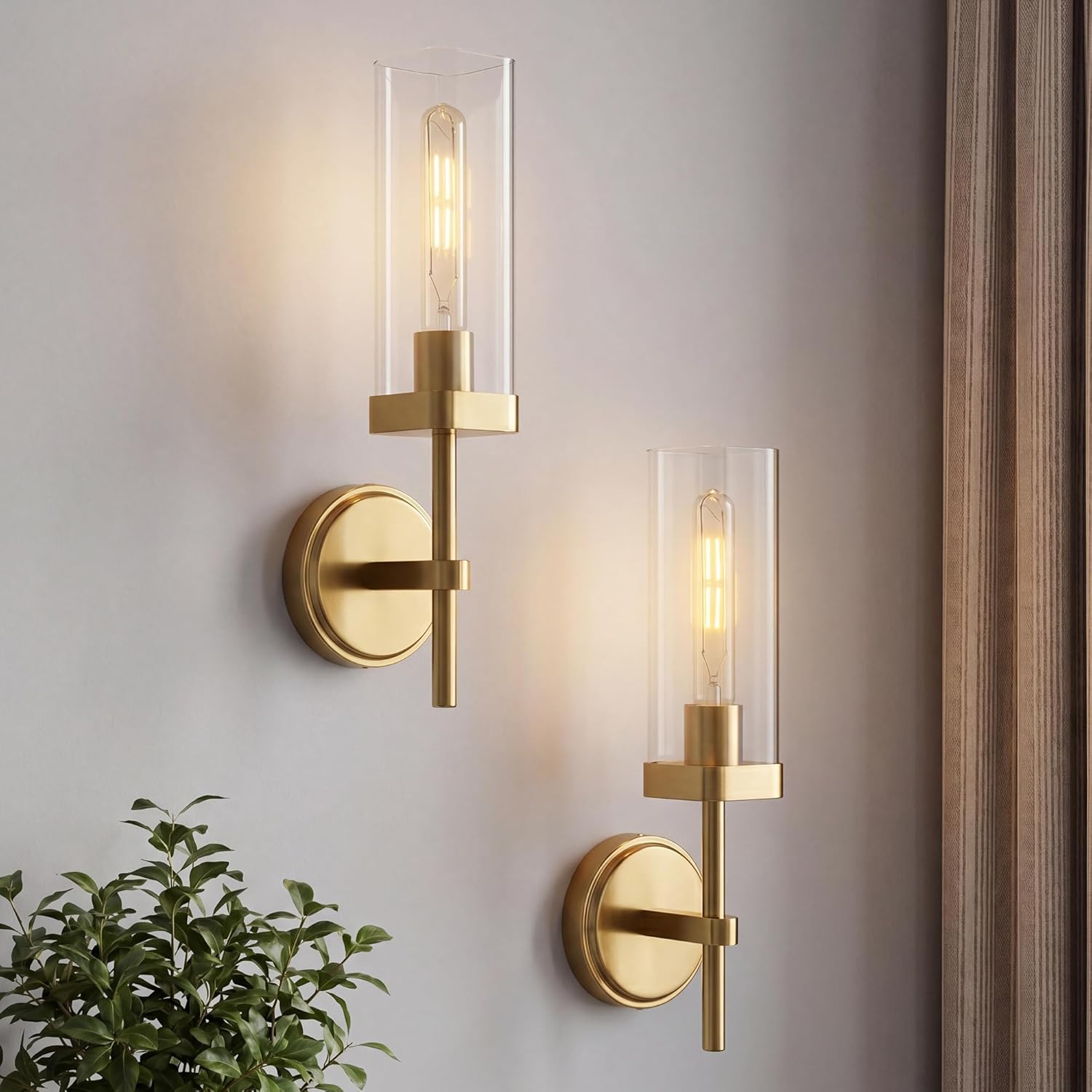 Modern Wall Sconces Set of 2, Brushed Gold Bathroom Vanity Sconces with Square Clear Glass Shade, Wall Mount Lights for Mirror Bedroom Hallway, Upward Lighting Only, E26 Base, VL262-BG-2PK
