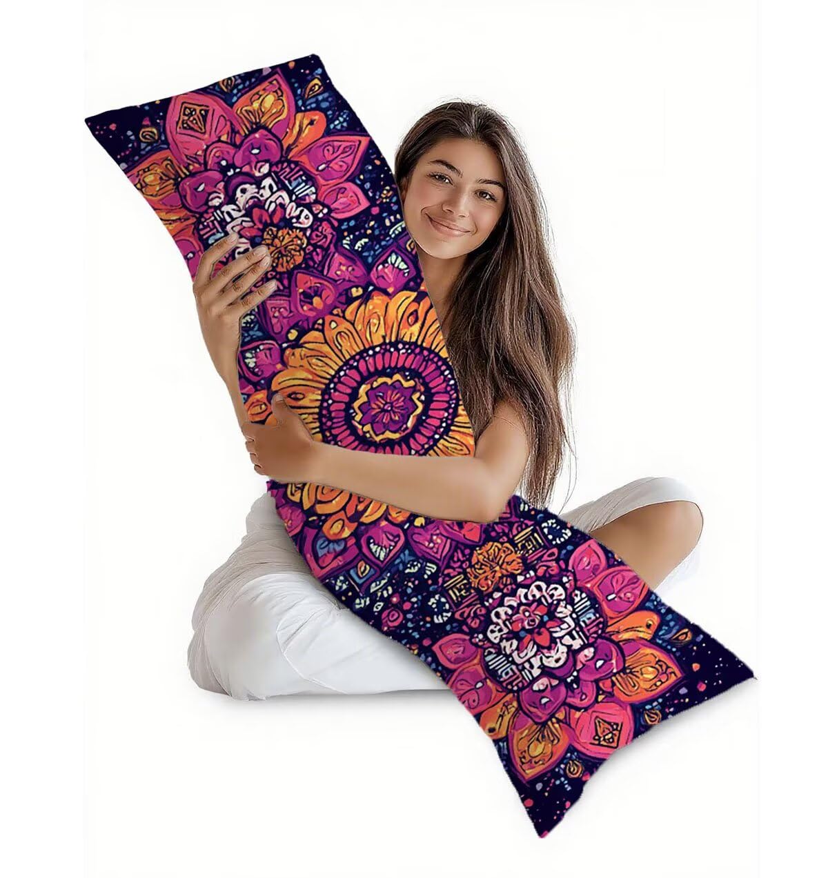 Seitenschläferkissen Bezug Blume Kissenbezug 60 x 180 Schwangerschaftskissen Mandala, Leinen Atmungsaktiv und Weich Body Pillow, für Deko Wohnzimmer Sofa Kopfkissenbezug, Geschenke für Fraue T-3377