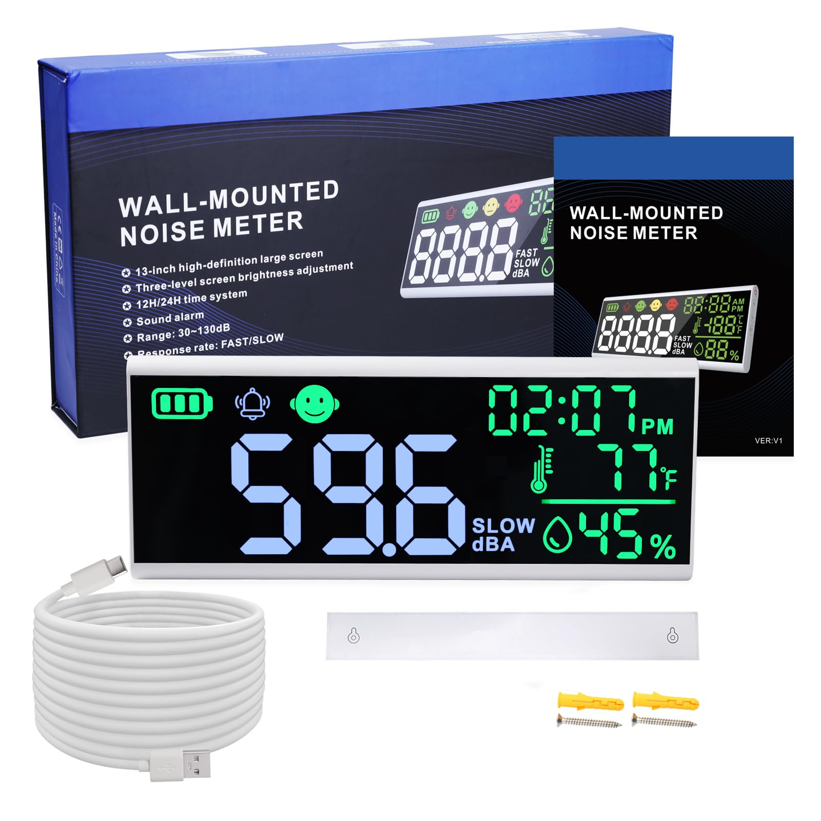 Medidor de decibelios de 13 pulgadas, medidor de nivel de sonido de pared y mesa, gran dispositivo LED para mostrar decibelios, hora, temperatura y humedad con zumbador y alarma de símbolo para aulas