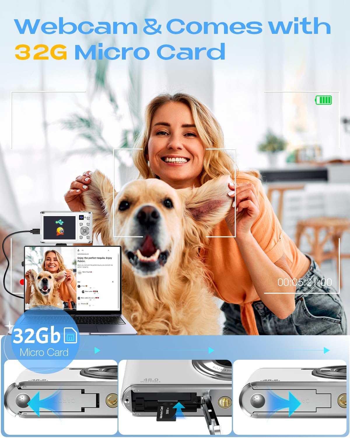 Digital Camera, UHD 4K Digital Camera with Front and Rear Camera, Autofocus 48MP 16X Digital Zoom Vlogging with 32GB Card, 2.8 Inch Screen Compact Photo Shoot Camera for Beginners(White)
