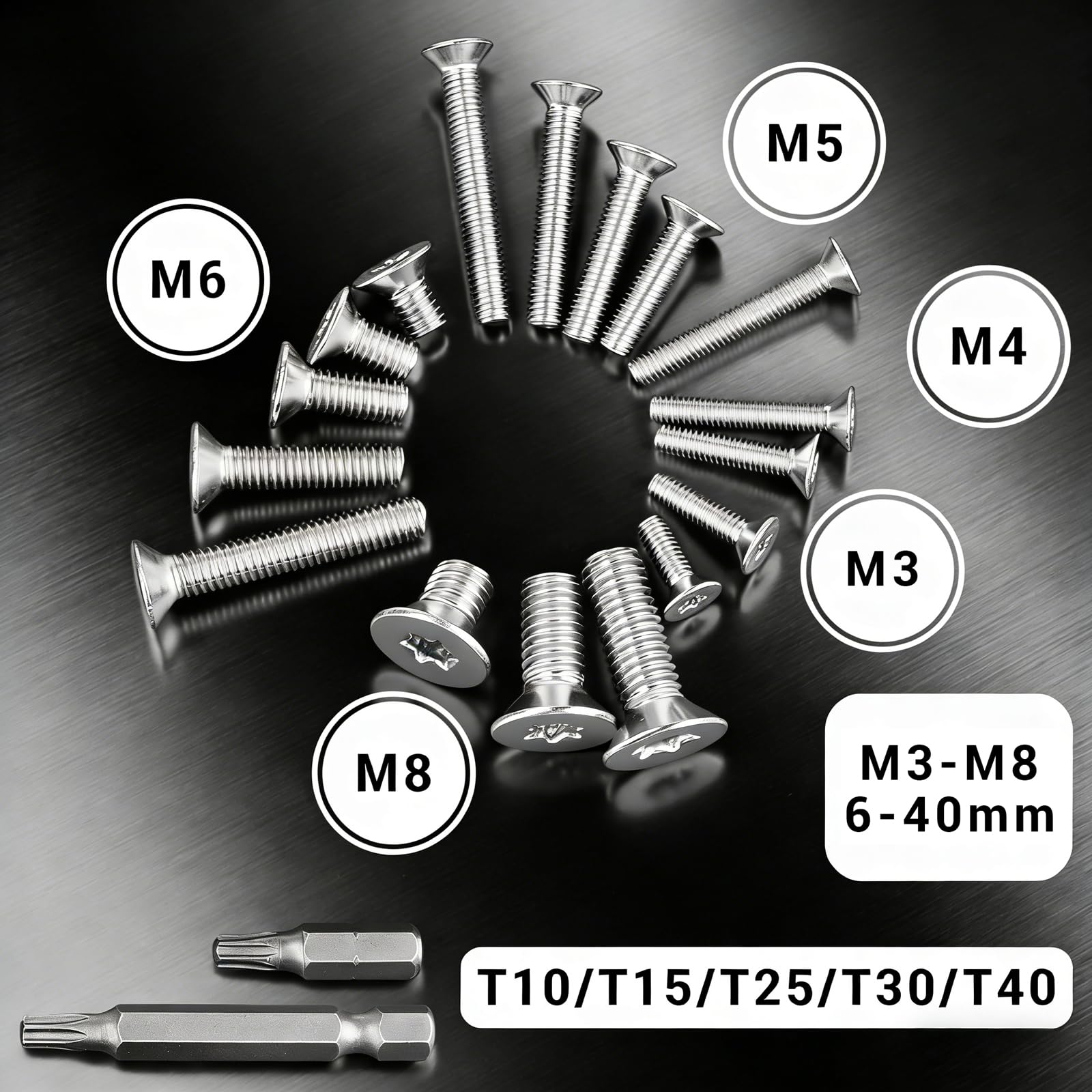 Viti a testa svasata Torx M6x16 mm, 25 pezzi Viti a testa svasata in acciaio inox A2 V2A, M6, filettatura completa metrica, inclusi 2 bit (25/50mm) per mobili, ingegneria meccanica e fai da te