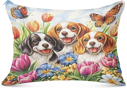 Beagle Tulips Butterfly Green Pillowcase for Hair and Skin Body Plush Pillow Case Standard Size 20"X 26" Velvet Pillowcases with Zipper for Women