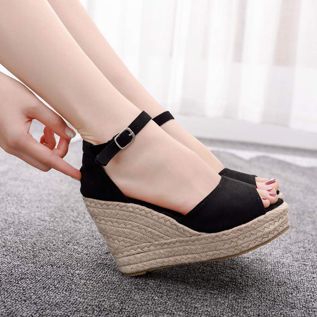 2019 Verano Sandalias Romanas Mujer, Zapato Peep-Toe Con Plataforma Cuña Alpargatas Zapatillas De Boda Fiesta Sandalias De Vestir De Talla Grande 33-44 EU(Negro
