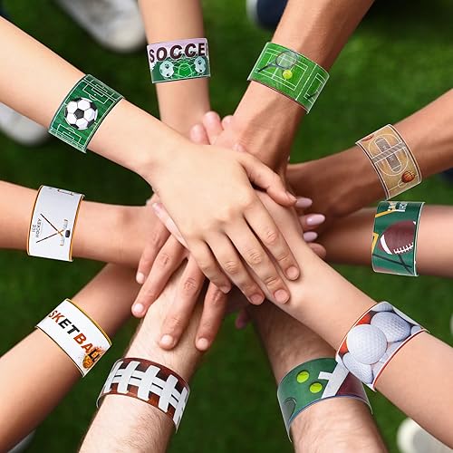 Miniatura 6 de Juego de 72 pulseras deportivas para fiestas deportivas, suministros para fiestas de cumpleaños, premios de aula, pulseras temáticas deportivas para