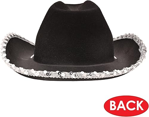 Miniatura 4 de Beistle Sombrero de vaquera de fieltro negro con piedras preciosas, ribete de lentejuelas y cordón de barbilla para baile cuadrado, accesorios de