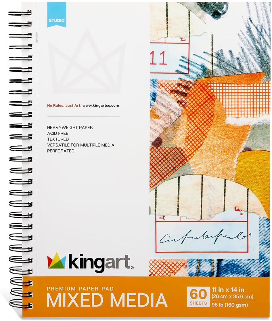 KINGART Mixed Media Paper Pad – 11x14 Inch, 1-Pack – 60 Sheets (98 lb / 160 GSM), Heavyweight Acid-Free Paper – Spiral-Bound Art Pad with Chipboard Backing