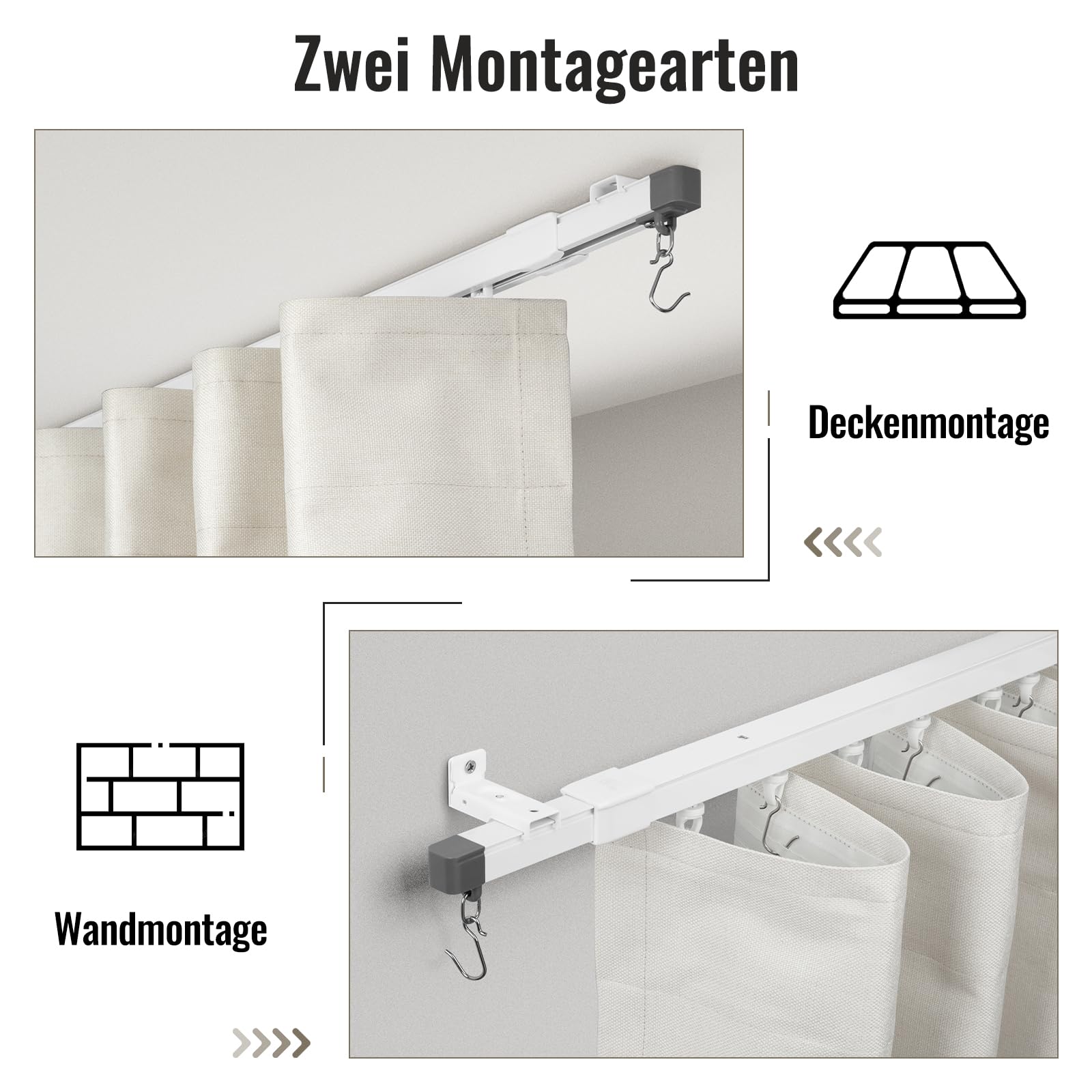 Barra de cortina retráctil 130-240cm, barra de techo de aluminio, kit de barras silenciosas, barra de cortina de separación para ventanas y habitaciones, Blanco