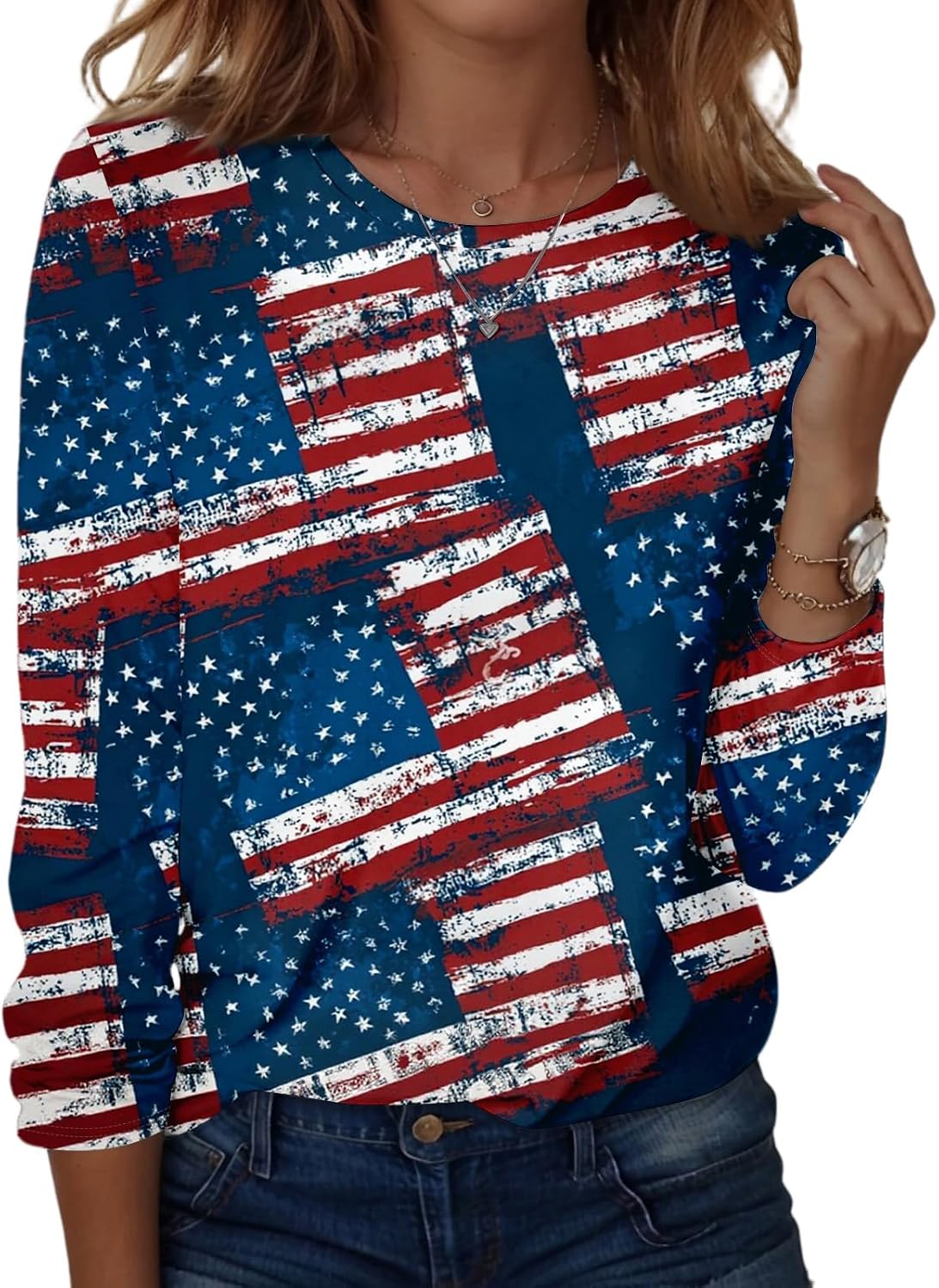 Women's 4Th of July Shirt, Long Sleeve American Flag T-Shirts, Crewneck Patriotic Tops, S-2XL