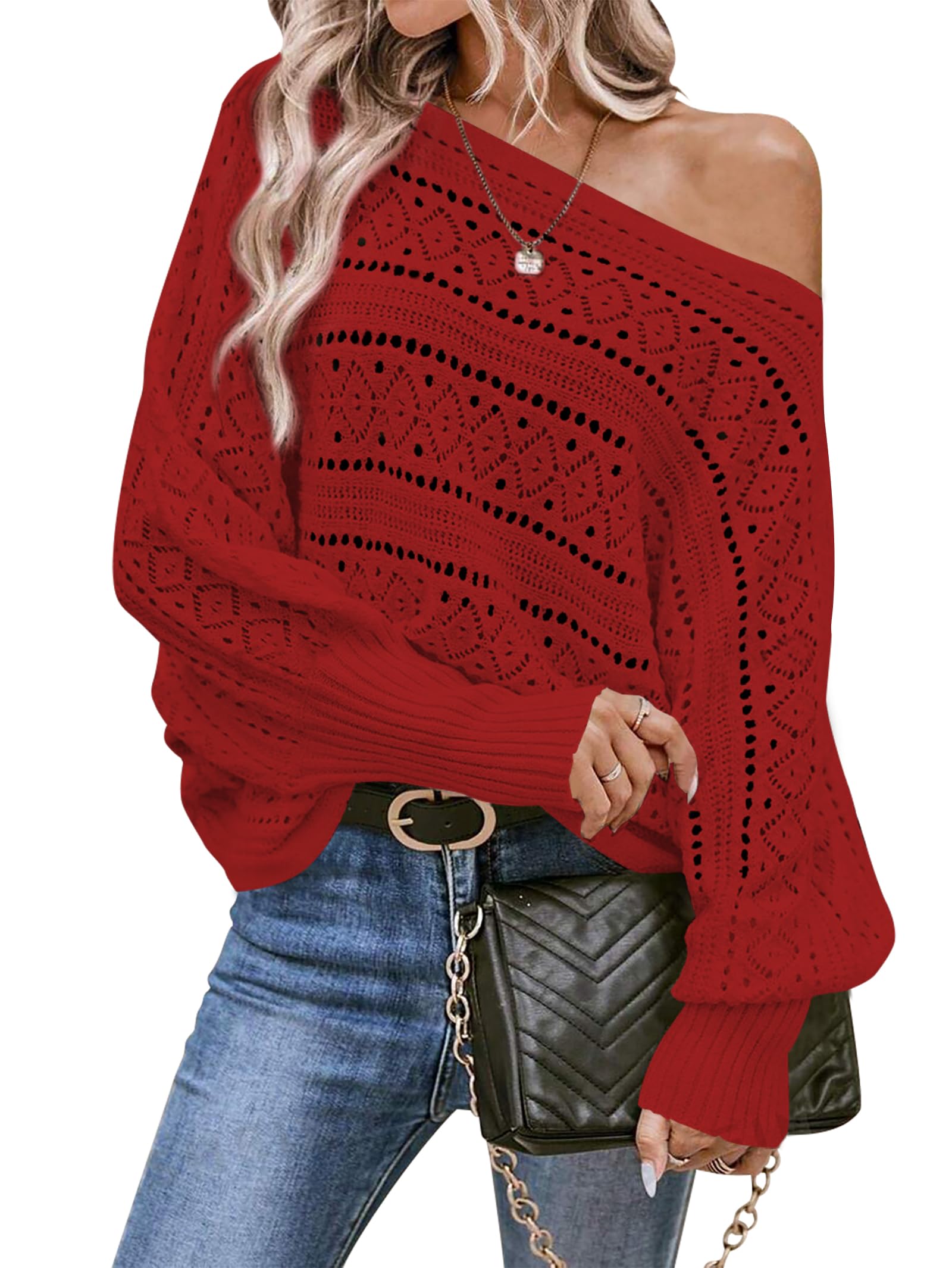 Cakulo Womens Off Shoulder Oversized Pullover Knit Sweater