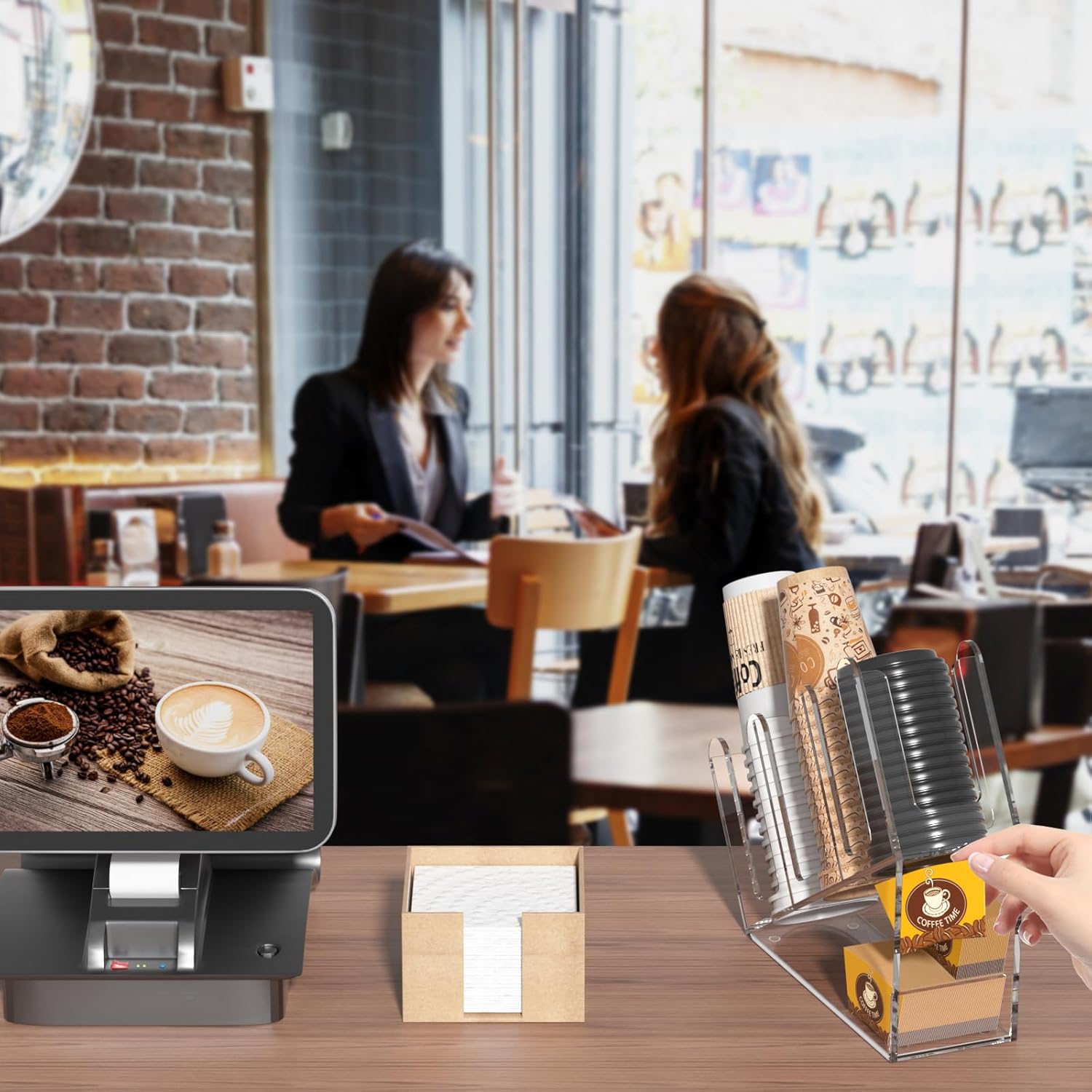 WINFFOR 3-Compartment Disposable Cup Holder - Cup and Lid Holder with Straw Organizer Clear Acrylic Cup Dispenser with Coffee Pod Storage for Coffee Station Bar Countertop Restaurant Breakroom