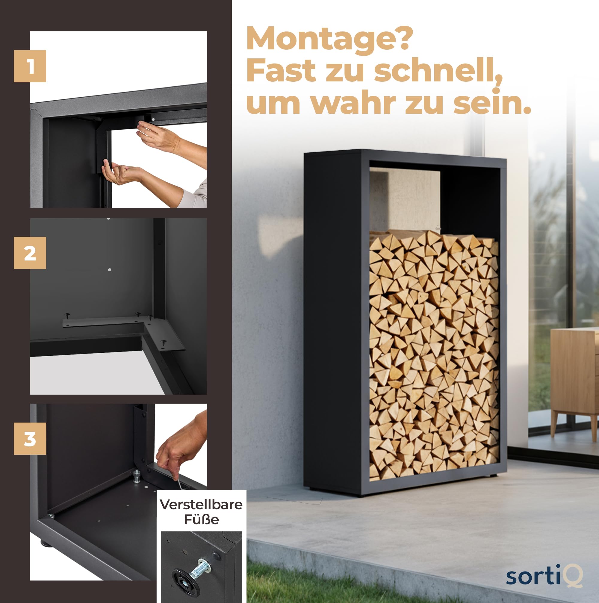 Kaminholzregal Metall [RAL 7016] Kaminholz-Regal für außen & innen - wetterfeste, moderne Brennholz-Stapelhilfe für stabile Holzaufbewahrung Holzlager mit Stellfüßen (90 x 145cm)