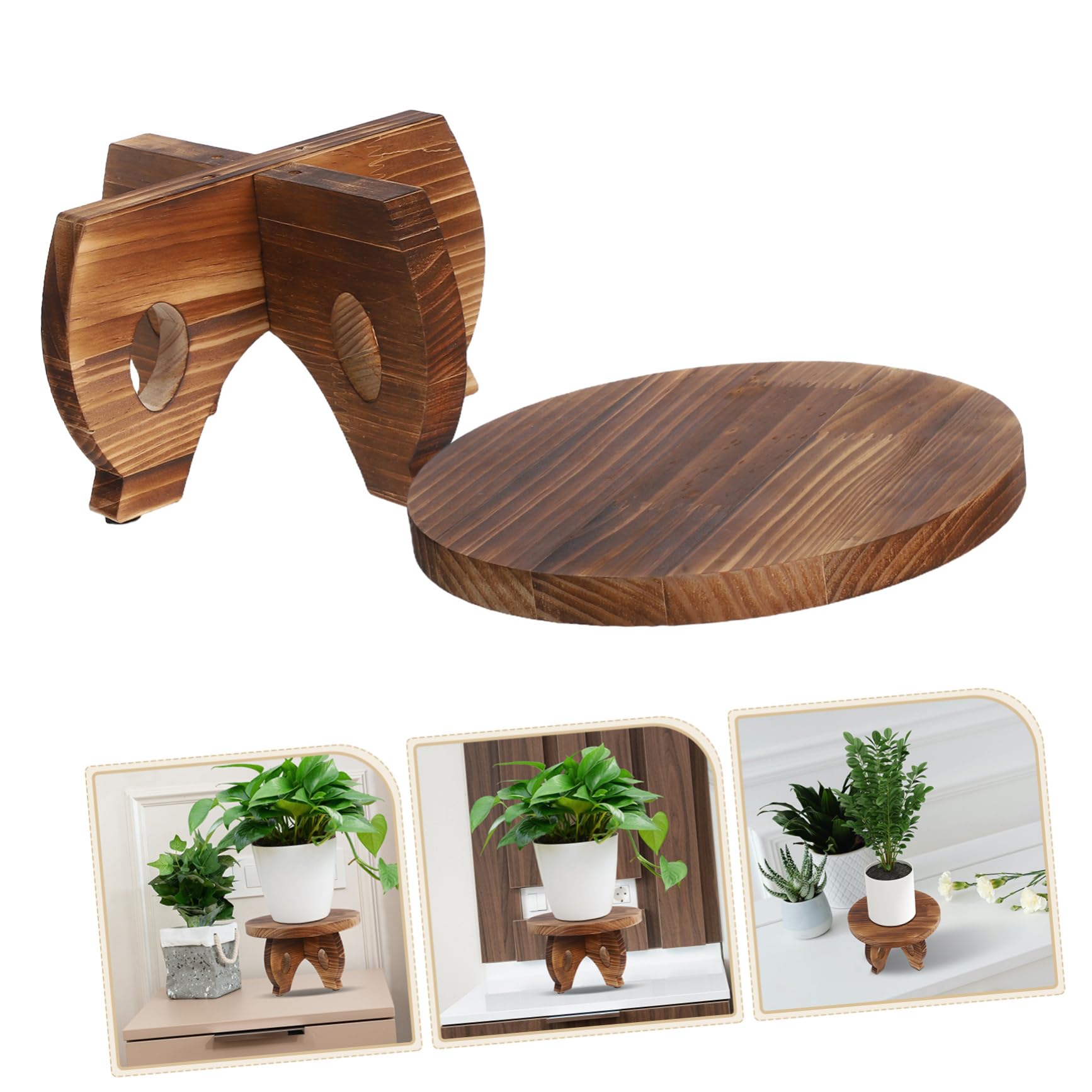 Soporte Redondo de Madera para Macetas, Base Marrón de Estilo Rústico | Plantas y Tiestos, Textura Natural, Montaje Sencillo, Uso en Salón y Cocina