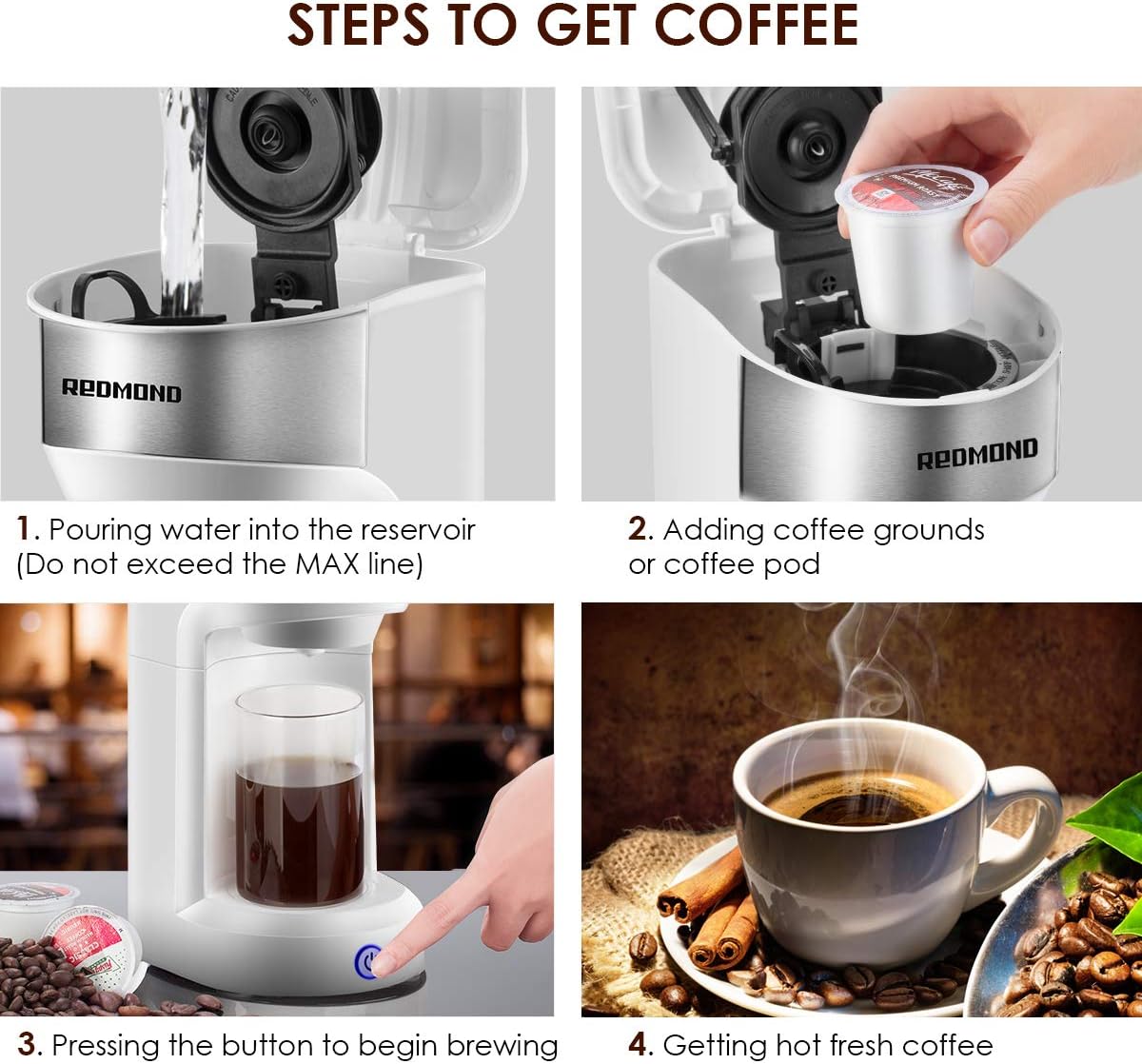 REDMOND Coffee Maker Single Serve, Single Cup Coffee Brewer for Pod & Coffee Grounds, Up to 14 OZ One Touch Operation 90 Seconds Fast Brewing Coffee Maker, 1000W, White, CM001