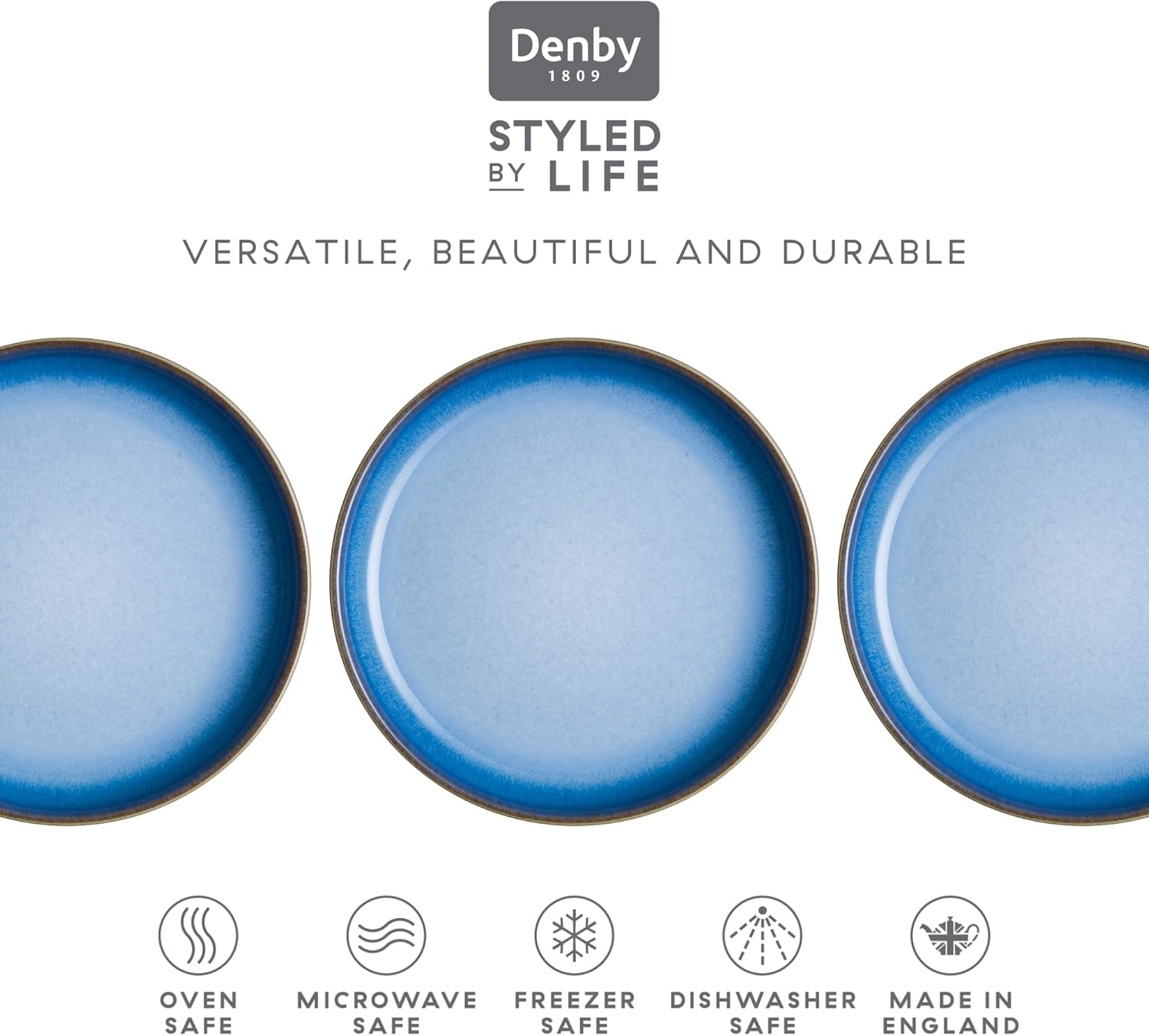 Denby - Blue Haze Coupe Small Plates Set of 6 - Dishwasher Microwave Oven Safe - Scratch Chip Resistant - Appetizer Ceramic Stoneware Dinnerware Plates Set