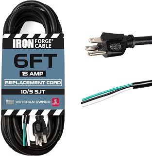Iron Forge Cable 10 Gauge Power Cord Replacement - 6ft,15 Amp Black Heavy Duty, 10/3 SJT 3 Prong Cable - for Appliances & Power Tools, NEMA 5-15P
