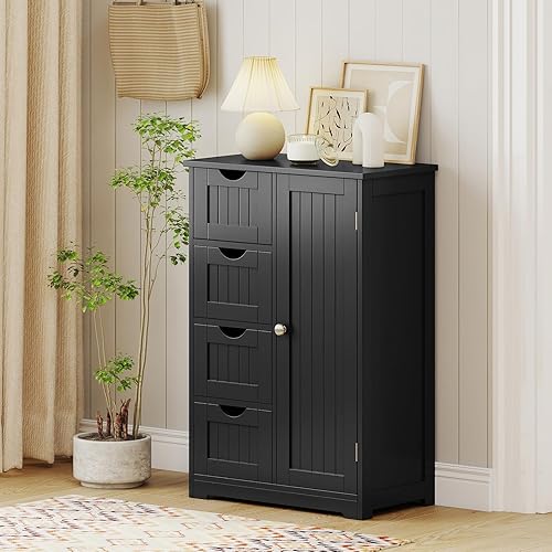 Miniatura 9 de Giantex Armario de almacenamiento de baño con cajones, organizador de almacenamiento de 4 cajones con armario, estante ajustable, dispositivo