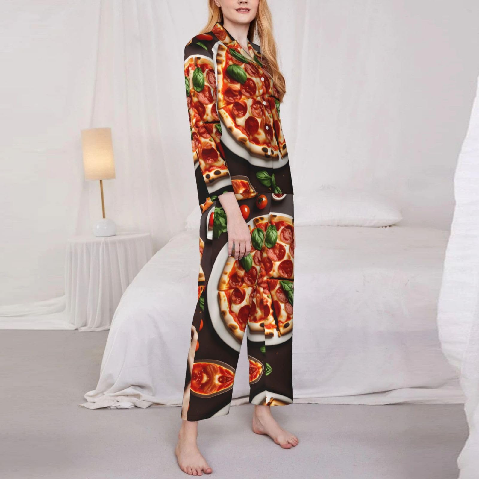 Pigiama da donna a maniche lunghe con stampa di pizza, morbido set da notte, comodo regalo