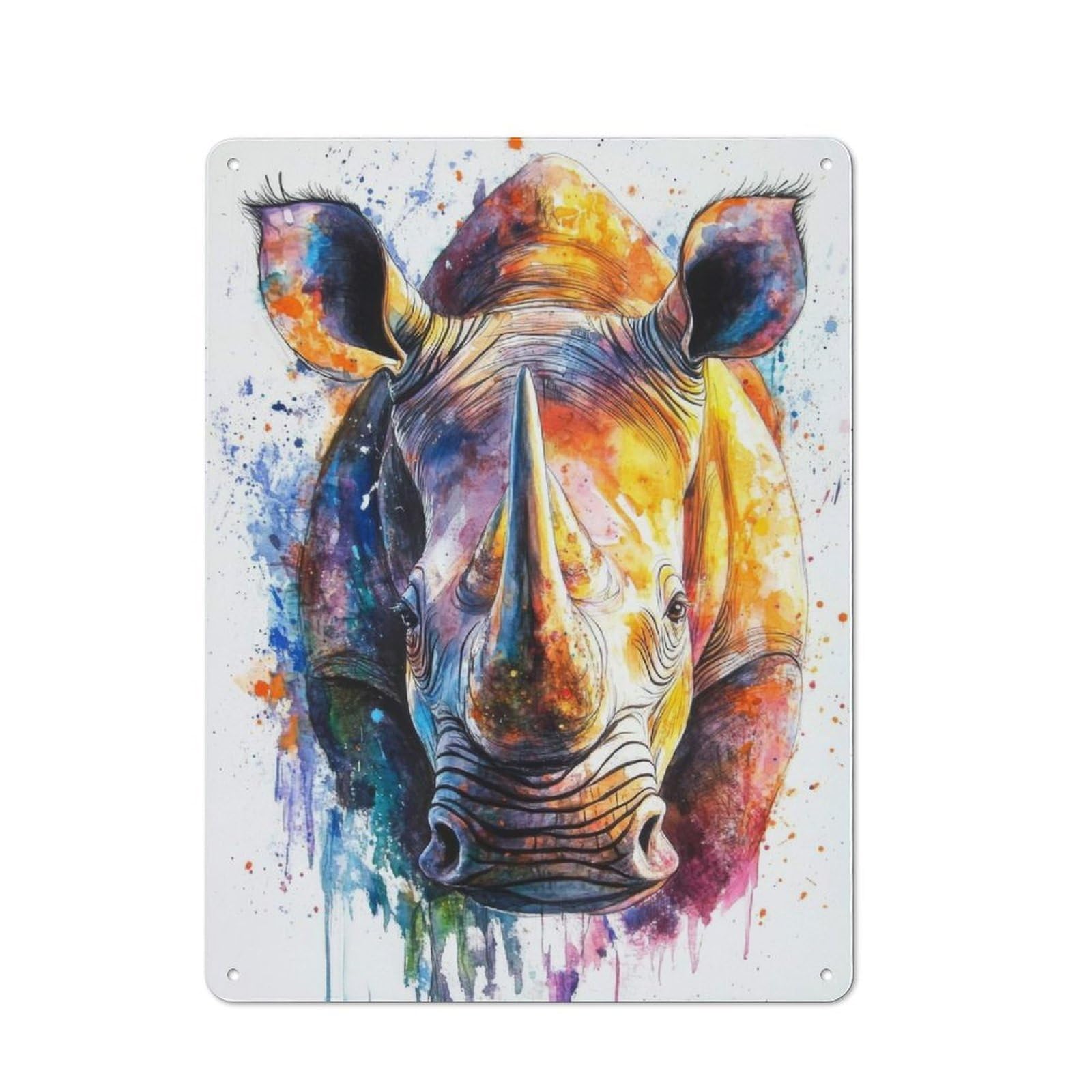 Junmoney Colorful Rhino Watercolor Tin Wall Plaque 40X30cm With For Man Cave Or Games Room, A New Home Present For Leisure-Room Decor Enthusiasts