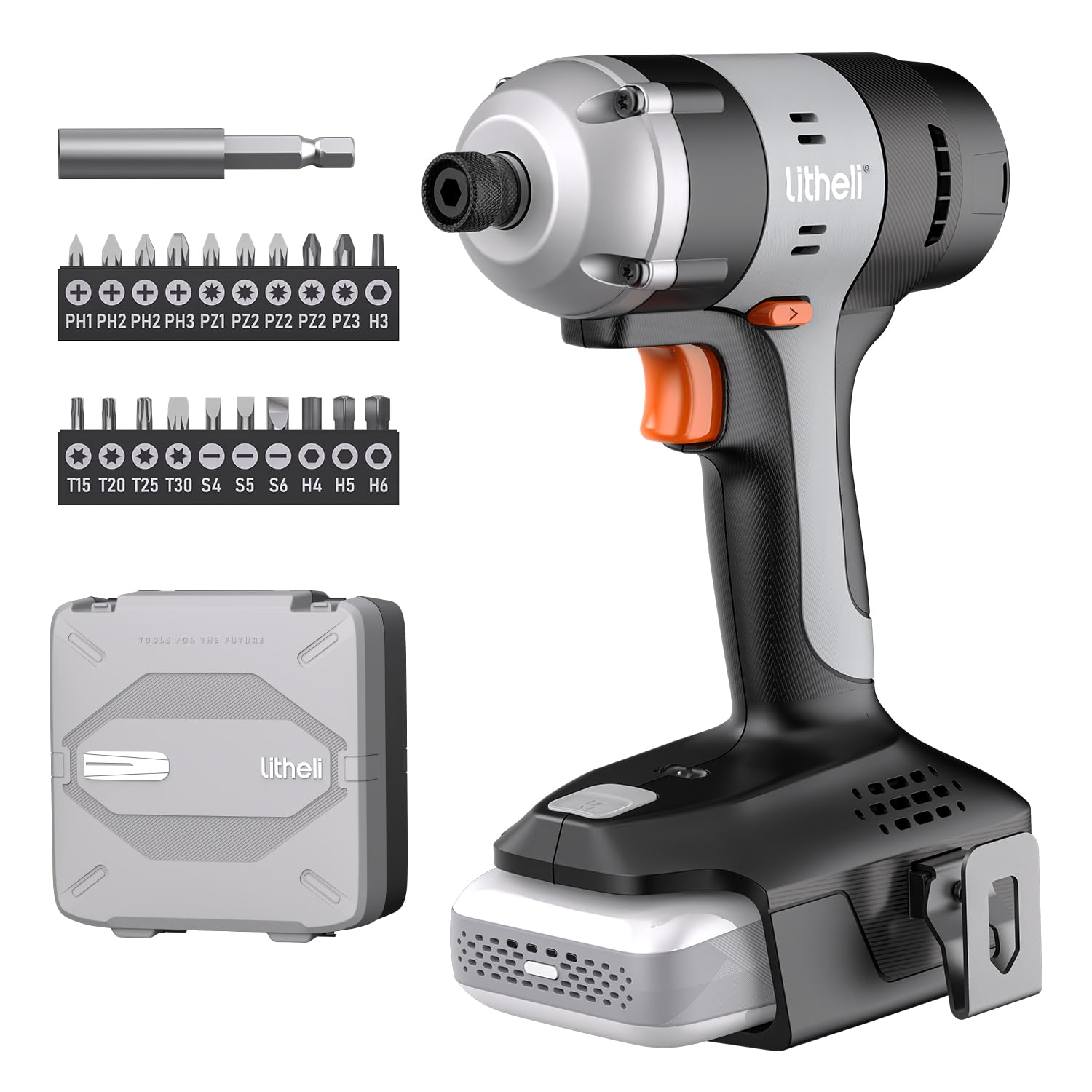 Litheli 1/4" Hex Shank Impact Driver with 20V 2.0Ah Battery 180Nm 3000IPM with LED, Belt Clip and 21 Accessories