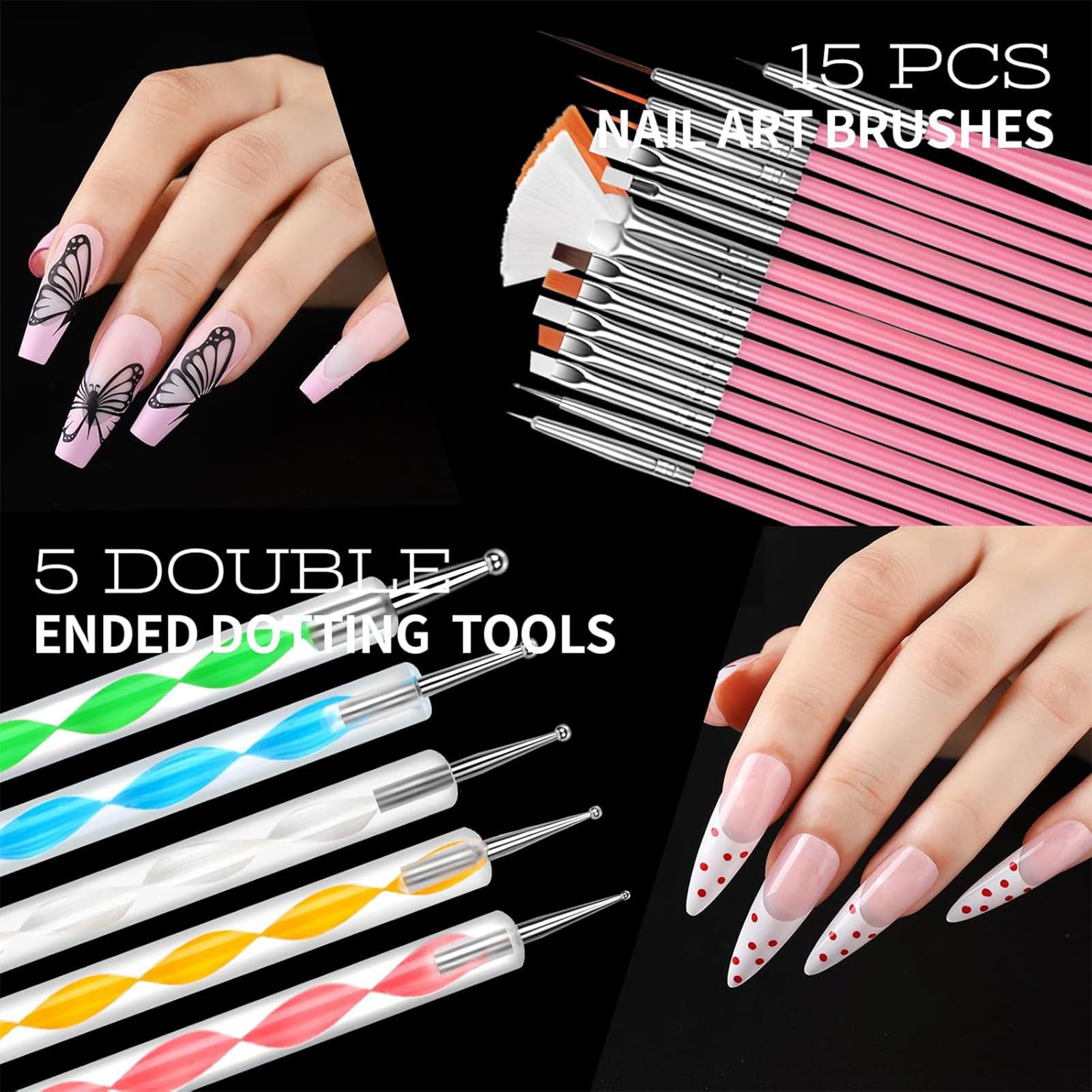 Kit d'Outils de Nail Art et Charms, Set de Nail Art avec 5 Boîtes de Charms 3D et Strass, 15 Pinceaux de Nail Art, 5 Outils de Pointage, 2 Supports de Vernis