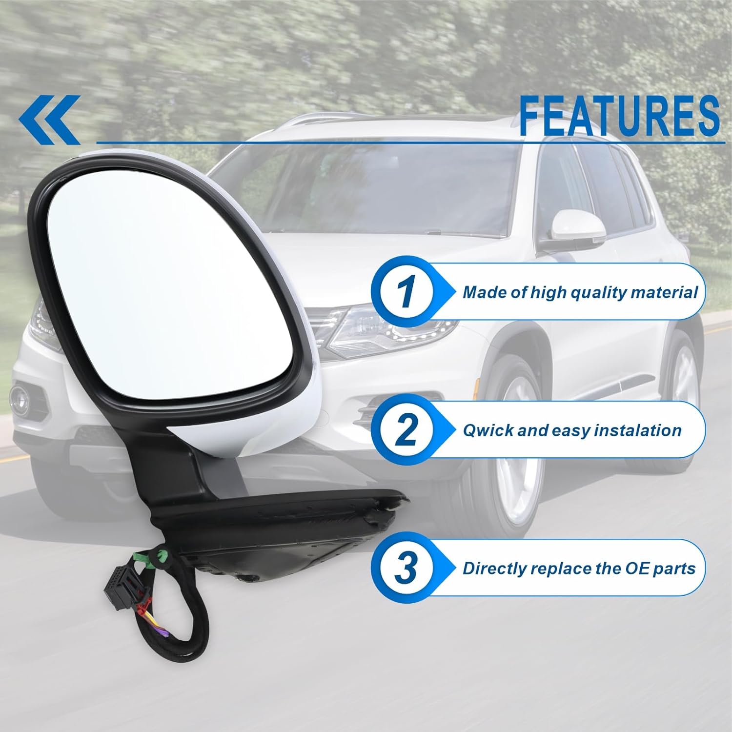 Left Driver Side Mirror Compatible With 2009 2010 2011 2012 2013 2014 2015 2016 2017 VW Tiguan With Manual Folding Power Glass Heated Turn Signal White Replace#5N1857507P9 B9(6Pins)