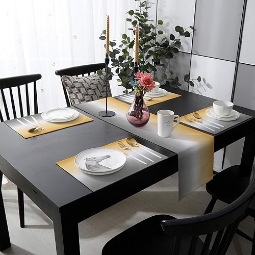 Miniatura 3 de Camino de mesa con 6 manteles individuales, color degradado, amarillo, gris, algodón, lino, juego de tapetes de comedor, aislamiento térmico, mantel