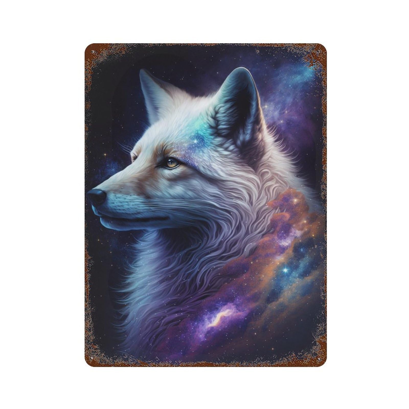 Cosmic Wolf Portrait 15.7"x11.8" Weathered Tin Sign, Shabby Chic Decor for Farmhouse, Kitchen And Entryway Decor