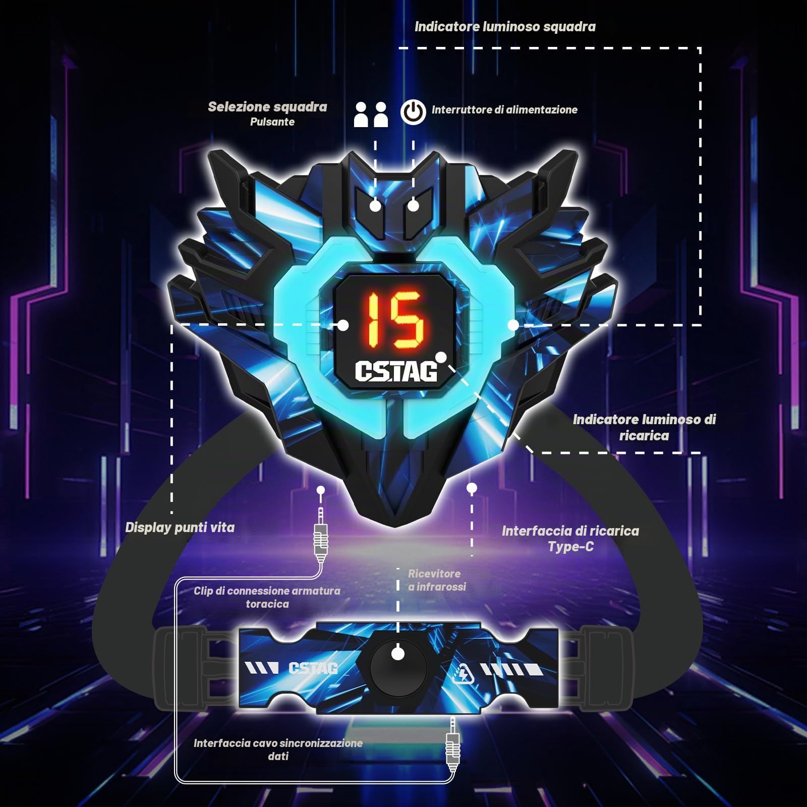 VATOS Set Laser Tag Ricaricabile con Sensori a 360° per 4 Giocatori, 2,4 GHz Infrarossi Visualizzazione Dati in Tempo Reale, Gioco per Famiglie e Gruppi per Bambini e Adolescenti, Regali per Bambini