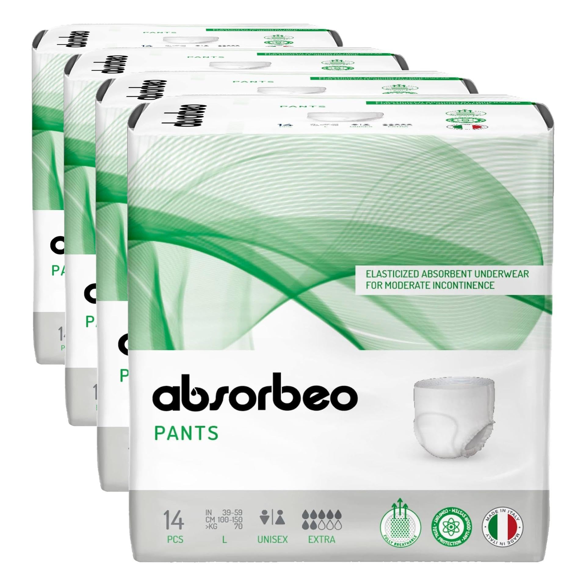 Absorbeo Pants EXTRA, Elastische 14 Stück, Absorbierende Windelhose für Mittlere Blasenschwäche, Absoluter Komfort, Totaler Schutz, Anti-Odour-System, Vollständig Atmungsaktiv, Unisex, Größe L