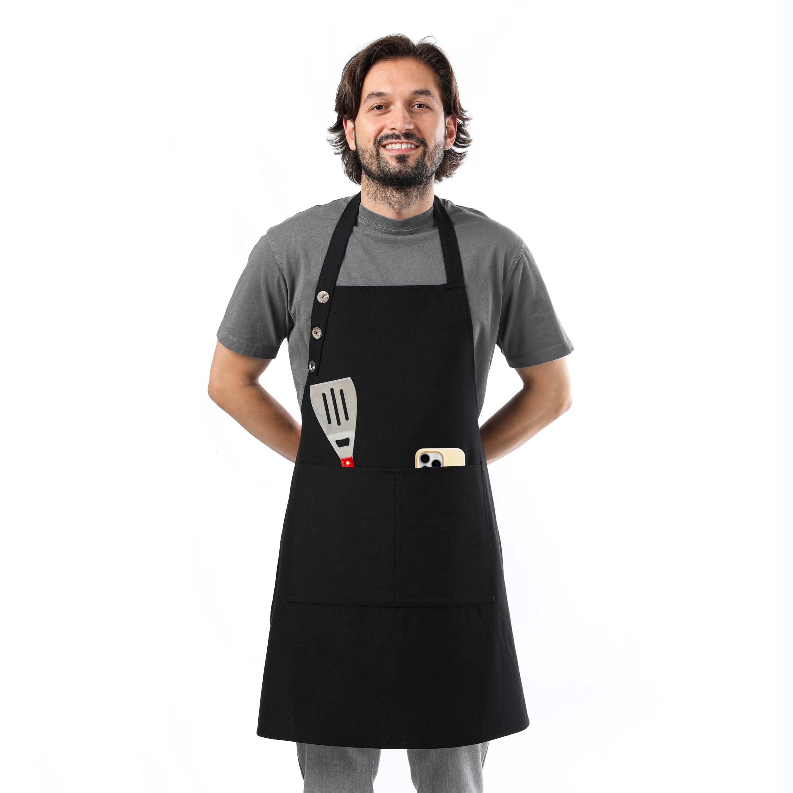 TOSHE Kitchen Apron Waterdrop Resistant Cotton Apron with adjustable Aprons for Women with Pockets 10 Color option Cooking Black Apron (Black), Black, Standard