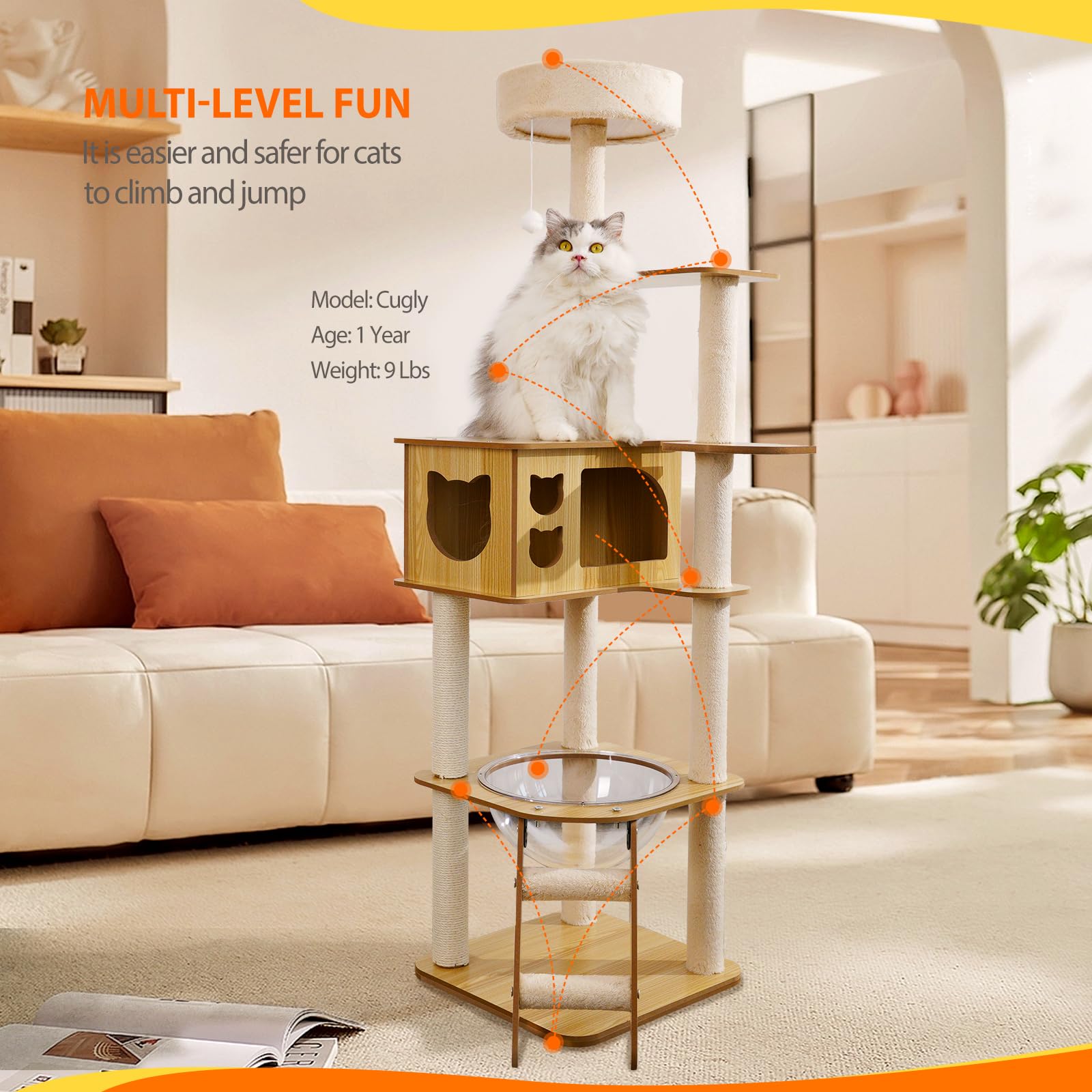 yuyuesmart Modern Cat Tree with Acrylic Dome, 56 Inches Wooden Cat Tree