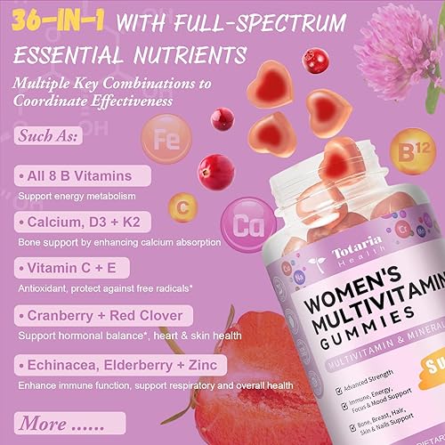 Miniatura 2 de Totaria Gomitas multivitamínicas sin azúcar para mujeres mayores de 14 años con hierro, inositol, folato, biotina, gomitas multivitamínicas diarias