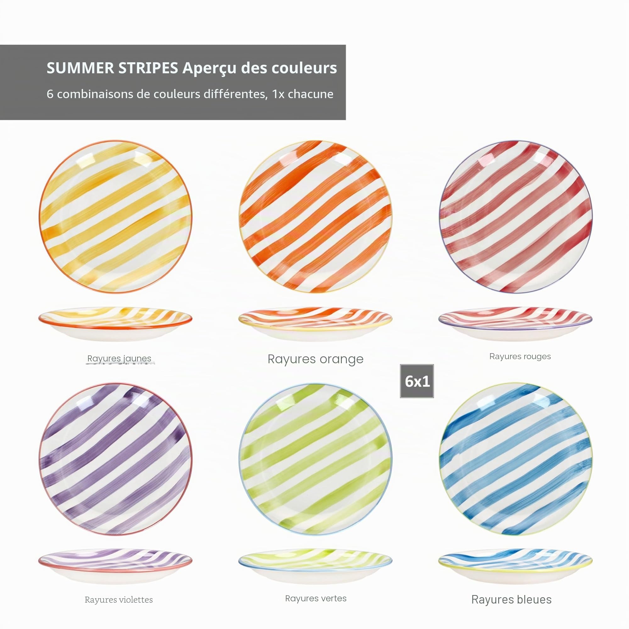 MamboCat Assiettes plates à rayures colorées, diamètre 26,6 cm, lot de 6 pour 6 personnes, repas principaux et barbecues