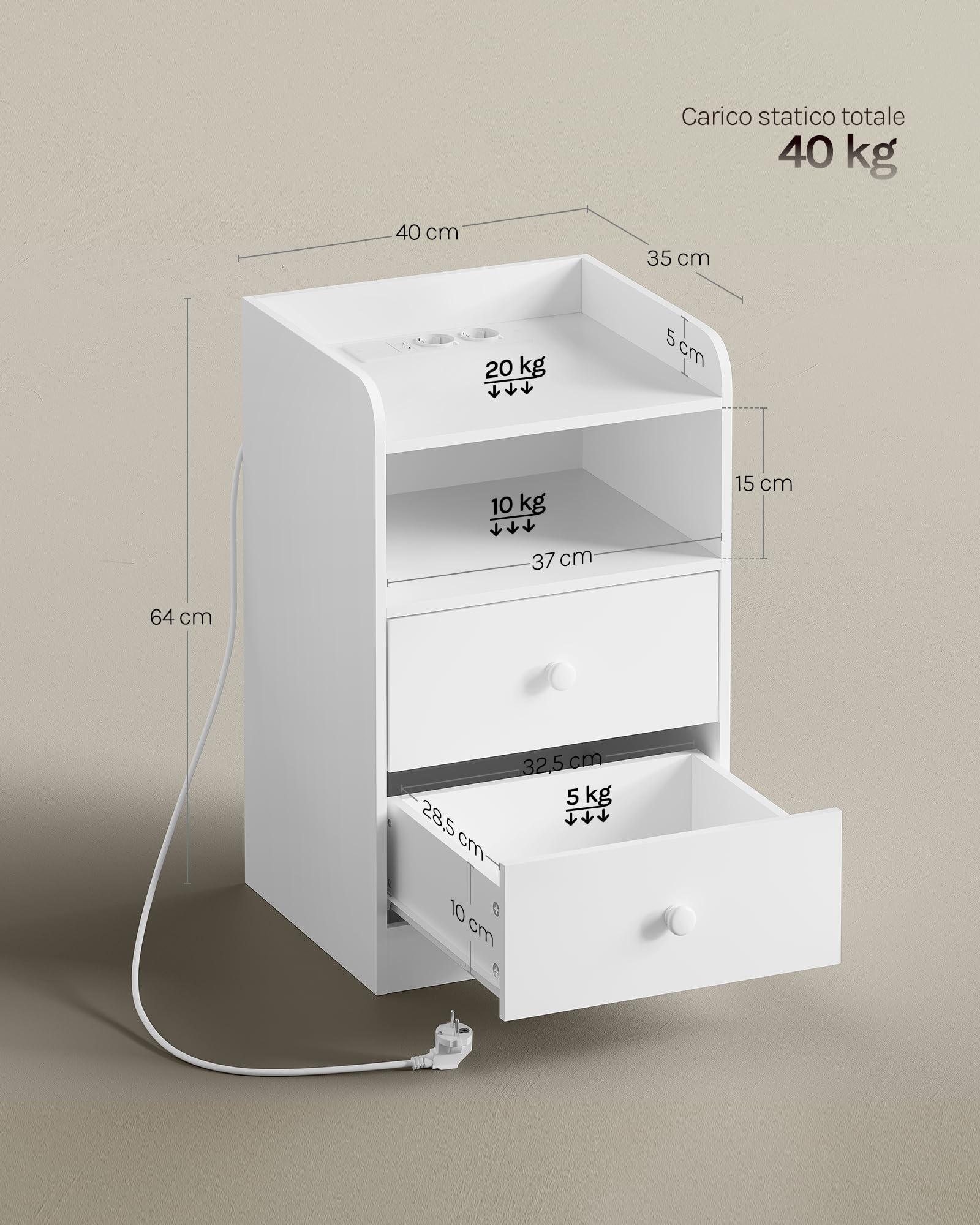 WOLTU Comodino con Stazione di Ricarica, Prese, Porte USB, Tavolino con Luci LED Regolabile, Cassettiera con Cassetti e Scomparto, 40x35x64cm, per Camera da Letto, in Legno, Bianco NTS07ws