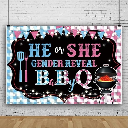 Miniatura 3 de Yeele Telón de fondo para revelación de género de bebé de 5 x 4 pies con texto en inglés "He or she Baby Shower Baby Shower Pink Blue Fotografía