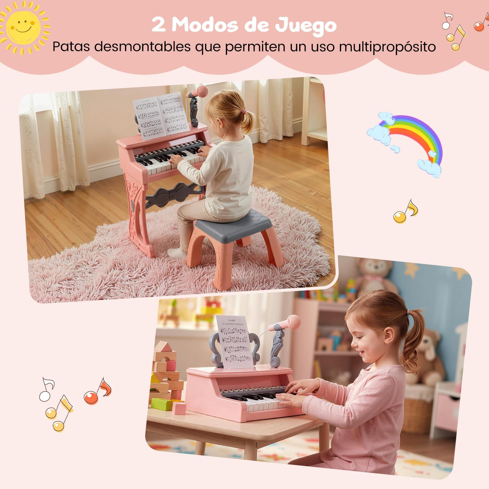 COSTWAY Teclado Piano de Madera para Niños, Piano Infantil Eléctrico de 25 Teclas con Taburete, Atril para Partituras y Micrófono, Órgano Electrónico Educativo para Niños a Partir de 3 Años, Rosa