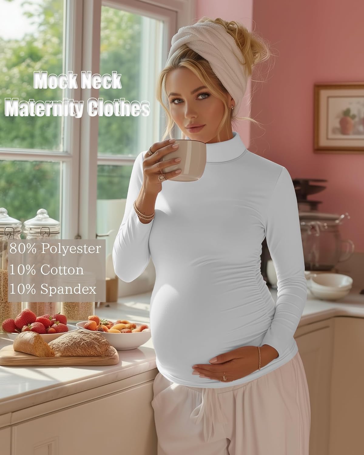 4 Pack Women's Maternity Shirts, Turtleneck Long Sleeve Pregnancy Tee Tops Side Ruched Mock Neck Maternity Clothes - Image 4