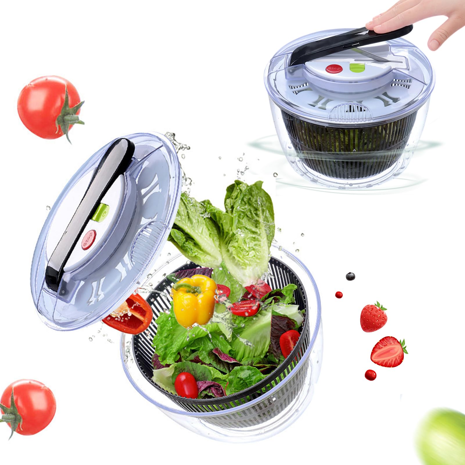 VAODO Salad Spinner, Manual Button Fruit and Vegetable Spinner, Fruit Salad Spinner Basket Drainer Basket with 5 Liter Bowl, Lettuce Washer and Dryer