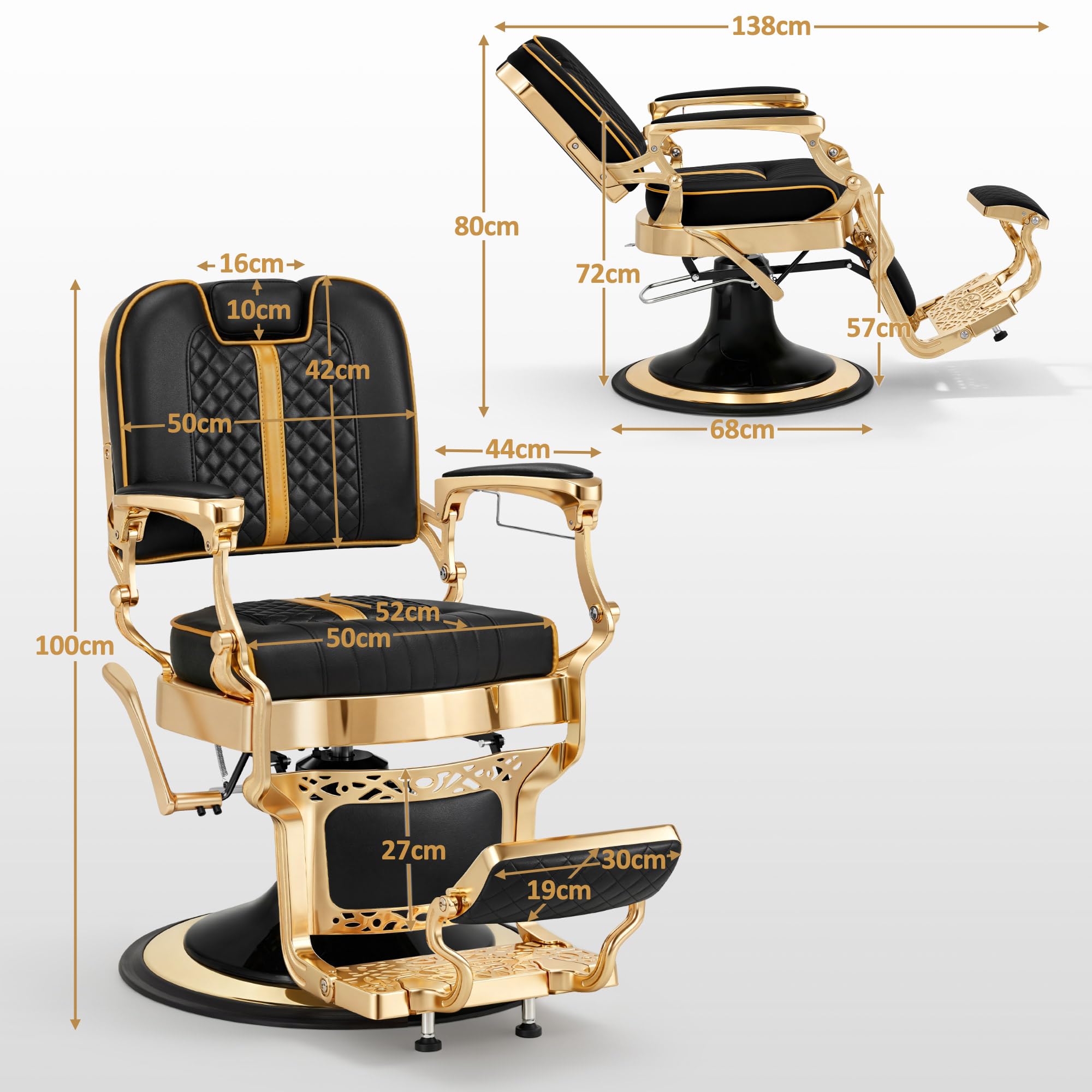 Barberpub Fauteuil de Coiffeur avec Appui-tête inclinable, équipement de Salon avec Pompe hydraulique, Rotation 360°, réglable en Hauteur, Style Vintage, Similicuir, réf. 2965 (Or-Noir)